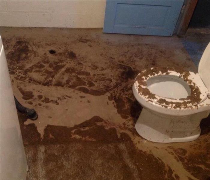 Bathroom with debris from a sewer backup